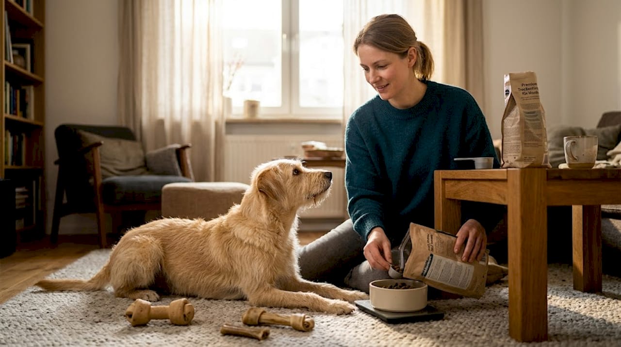 Unser Hund bekommt sein Futter immer im Wohnzimmer.
