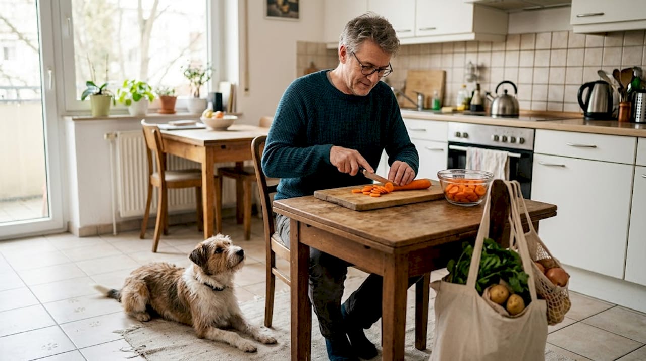Ein Hundebesitzer bereitet seinem Vierbeiner frisches, selbstgemachtes Futter zu.