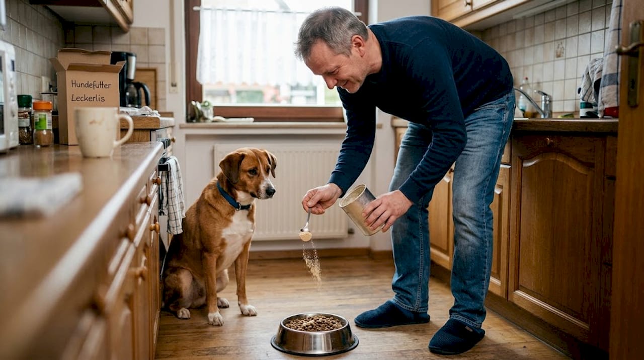 Ein Hundehalter mischt eine Futterergänzung unter das Futter im Napf.
