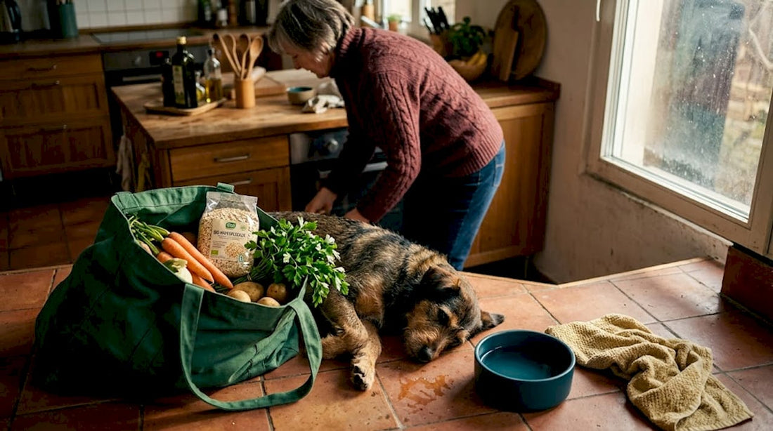 Gemütlich ausgestreckt liegt der Hund mitten auf dem Küchenboden – umgeben von frischem Gemüse und anderen Zutaten, die fürs Kochen bereitliegen.