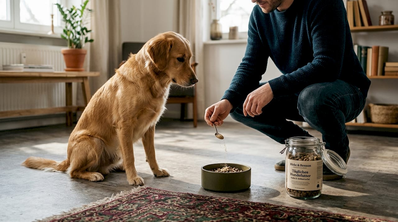 Im Wohnzimmer bekommt der Hund sein Futter mit einem Zusatz.