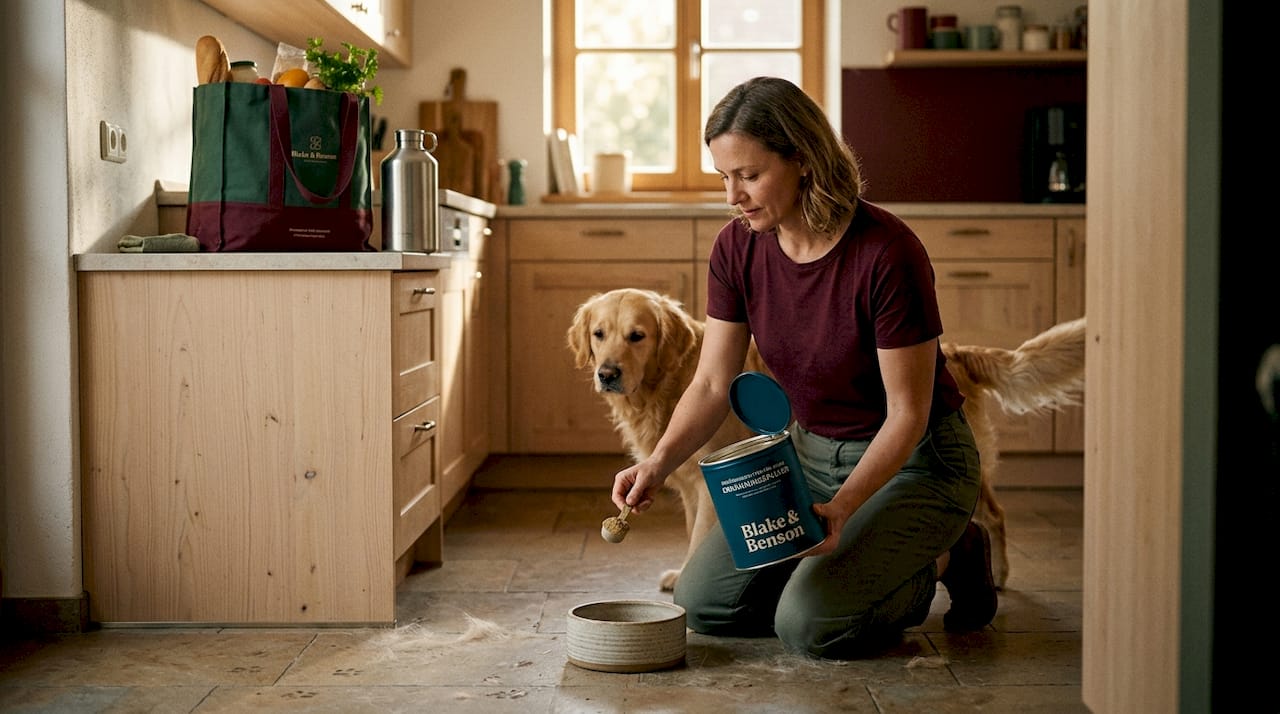 Eine Frau bereitet ein Nahrungspulver für ihren Hund zu.
