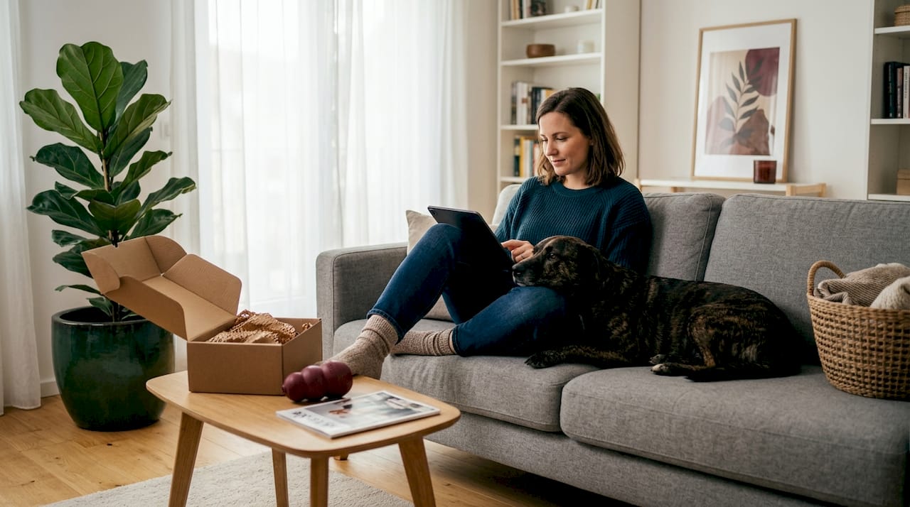 Hundebesitzer bestellt bequem vom Sofa aus neues Zubehör für seinen Vierbeiner.