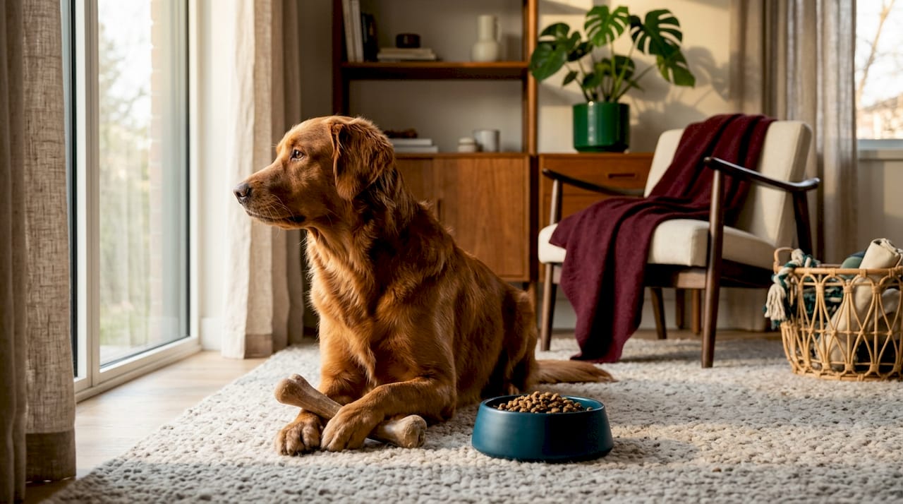 Ein Hund mit glänzendem Fell liegt entspannt im Wohnzimmer und genießt die Ruhe.