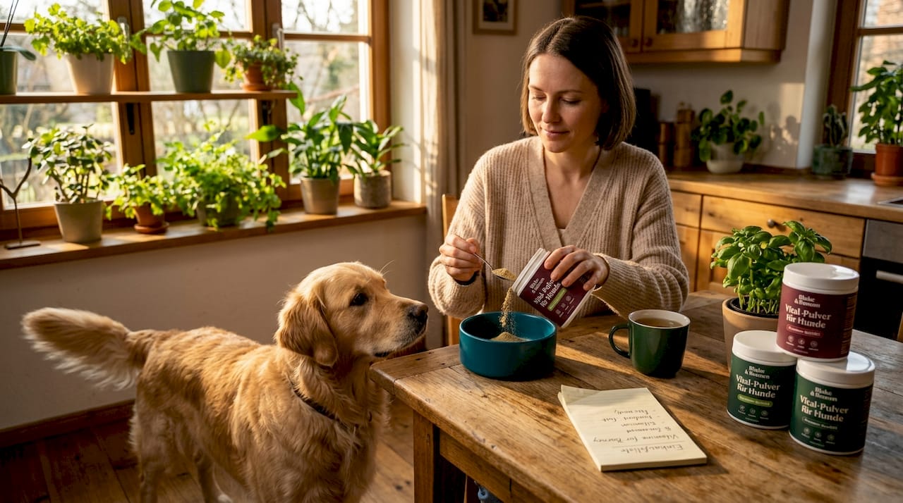 Ein Hundebesitzer bereitet ein Nahrungsergänzungspulver für seinen aufmerksamen Vierbeiner vor.