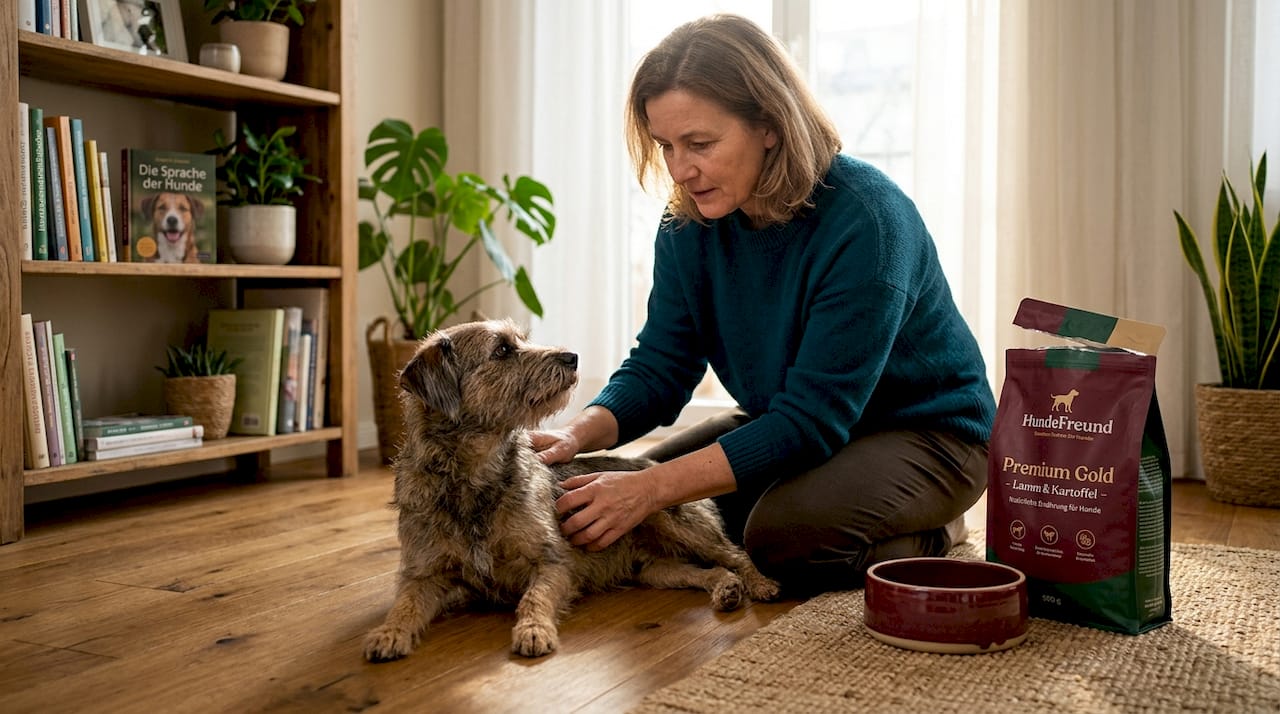 Eine Frau achtet darauf, ob ihr Hund eine gesunde Verdauung hat.