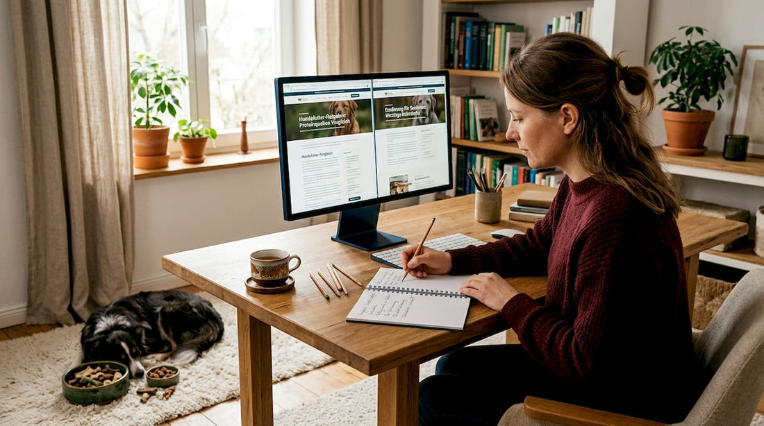Hundebesitzer informiert sich im Homeoffice über verschiedene Alternativen.