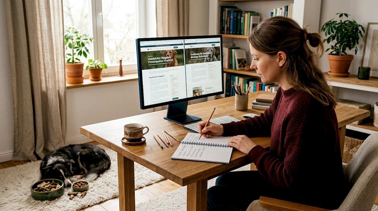 Hundebesitzer informiert sich im Homeoffice über verschiedene Alternativen.