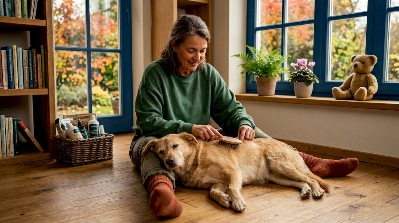 Im Wohnzimmer kümmert sich eine Frau liebevoll um ihren Hund und bürstet ihm das Fell.