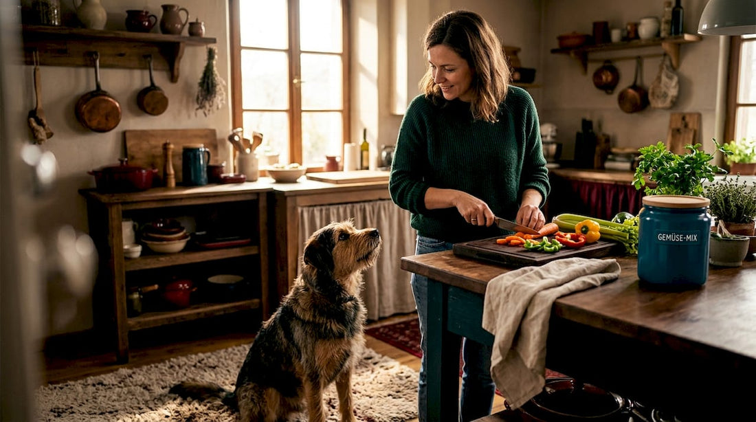 Während die Frau Gemüse schnippelt, beobachtet ihr Hund sie neugierig.