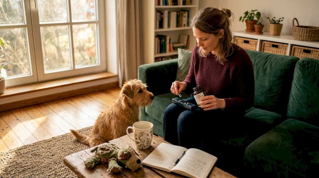 Eine Frau mischt im Wohnzimmer Nahrungsergänzungsmittel für ihren Hund an.