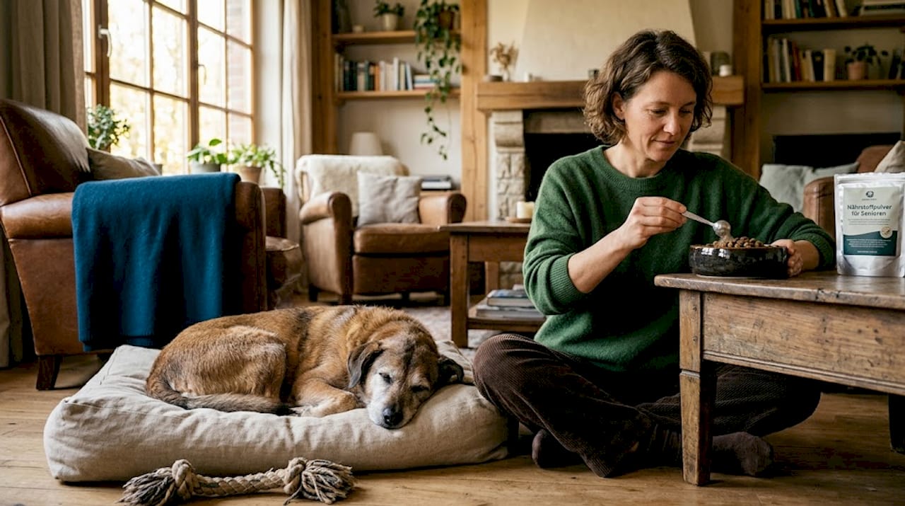 Während Frauchen das Futter vorbereitet, liegt der Hund gespannt auf seiner Decke und beobachtet jeden ihrer Handgriffe.