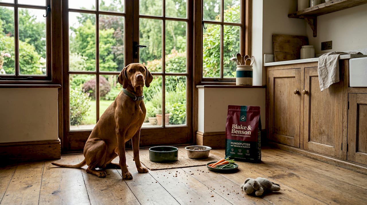 Ein Hund genießt im Wohnzimmer sein abwechslungsreiches Futter.
