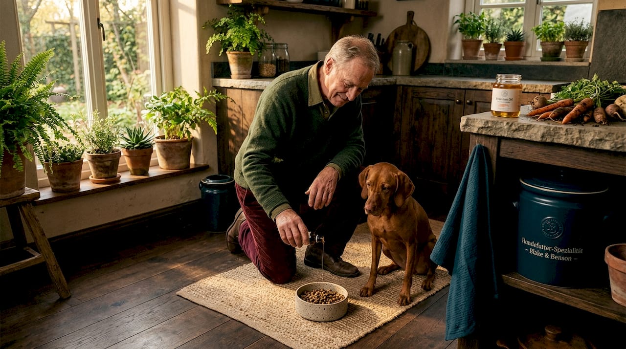 Dem Hund wird in der Küche etwas Öl übers Futter gegeben.