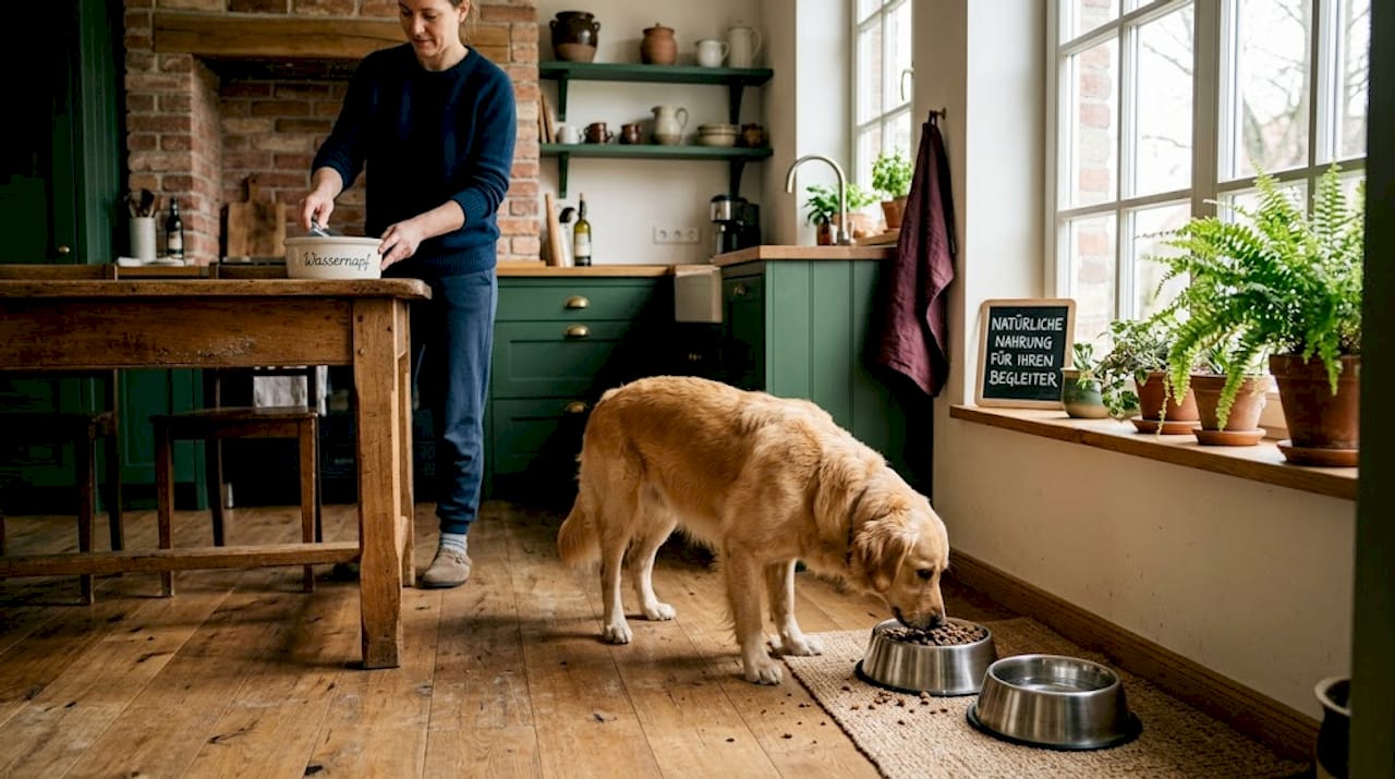 In der sonnendurchfluteten Küche genießt ein Hund sein Futter aus dem Napf.