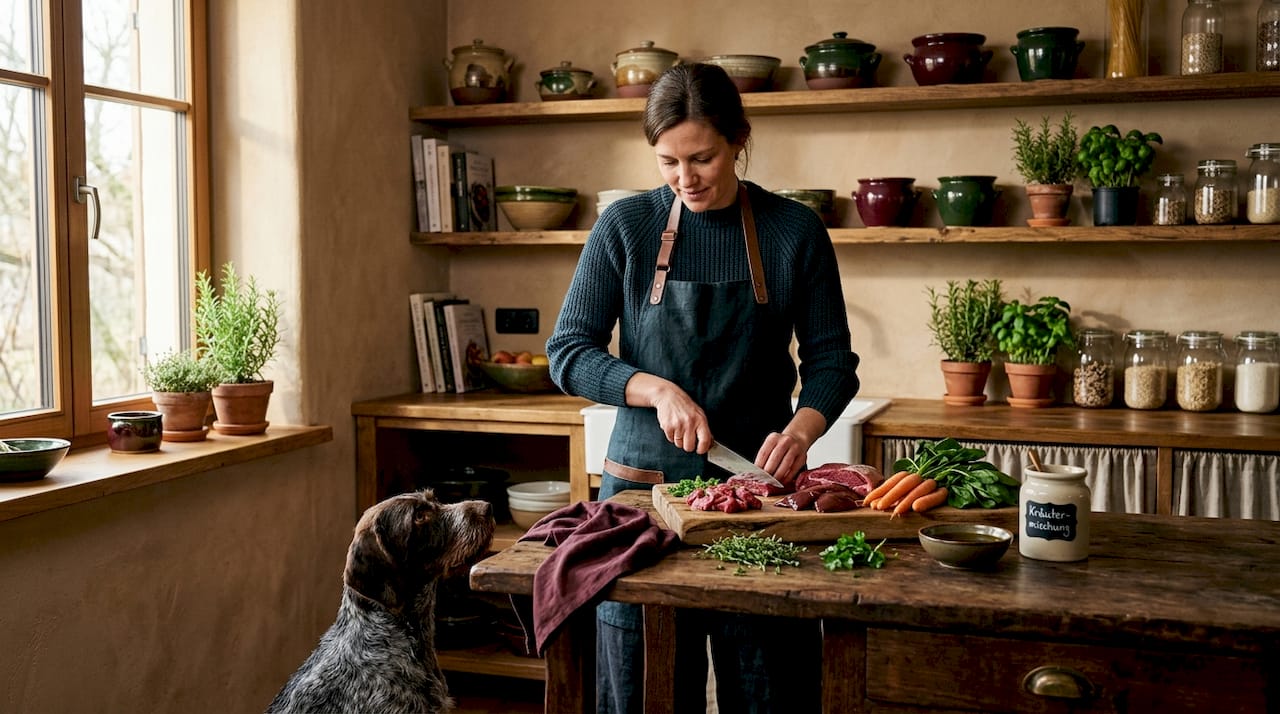 In ihrer hellen Küche stellt eine Frau eine frische BARF-Mahlzeit für ihren Hund zusammen.