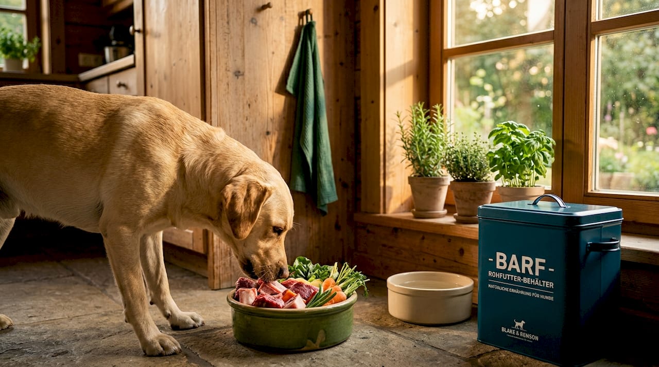 Ein Labrador genießt frisches BARF-Futter in der heimischen Küche.