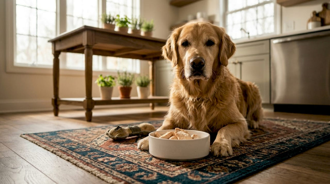Ein Golden Retriever lässt sich gekochtes Hähnchen aus seinem Napf schmecken.