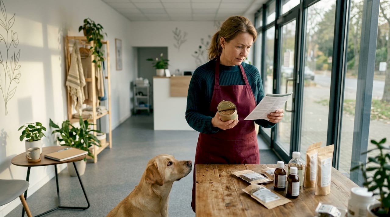 In ihrer Praxis prüft die Tierärztin ein Nahrungsergänzungsmittel für Hunde auf Herz und Nieren.