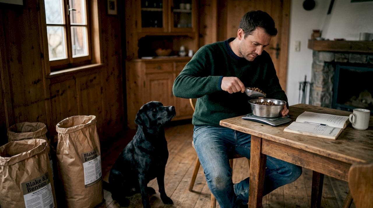 Ein Hundebesitzer portioniert das Futter seines Vierbeiners in der Küche ab.