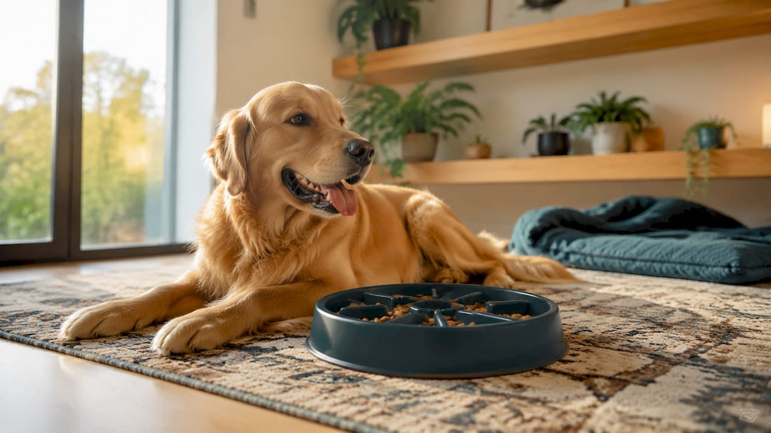 Ein Golden Retriever lässt sich beim Fressen aus seinem Napf richtig Zeit.