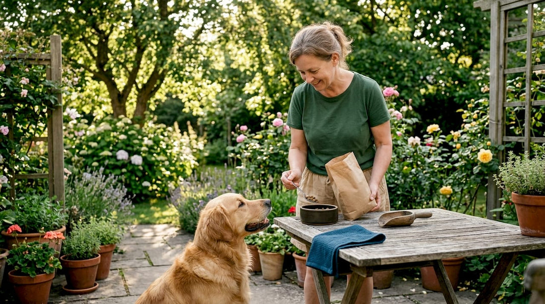 Eine Frau gibt ihrem Golden Retriever eine genau abgewogene Portion Futter.