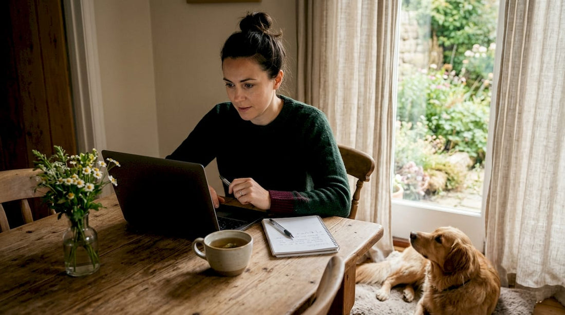 Eine Frau sitzt am Tisch und schaut sich verschiedene Nahrungsergänzungsmittel für Hunde an, um die beste Option für ihren Vierbeiner zu finden.