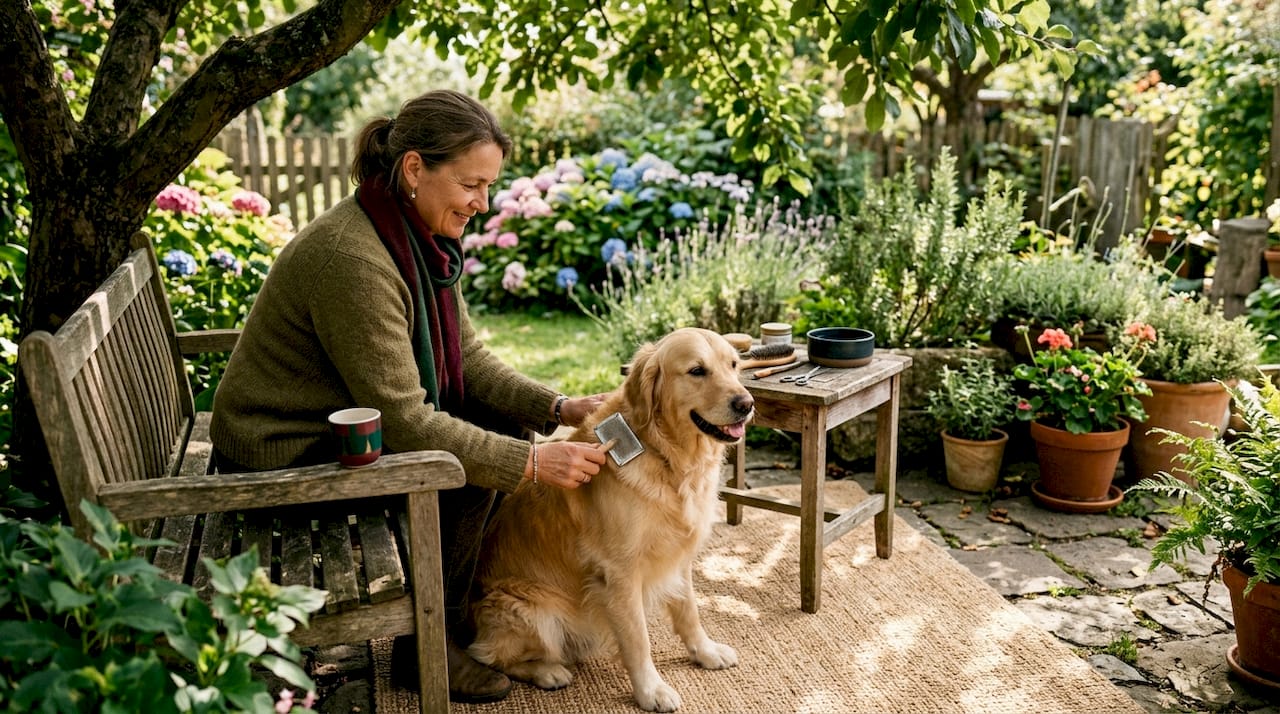 Eine Frau bürstet ihren Golden Retriever gemütlich zu Hause.