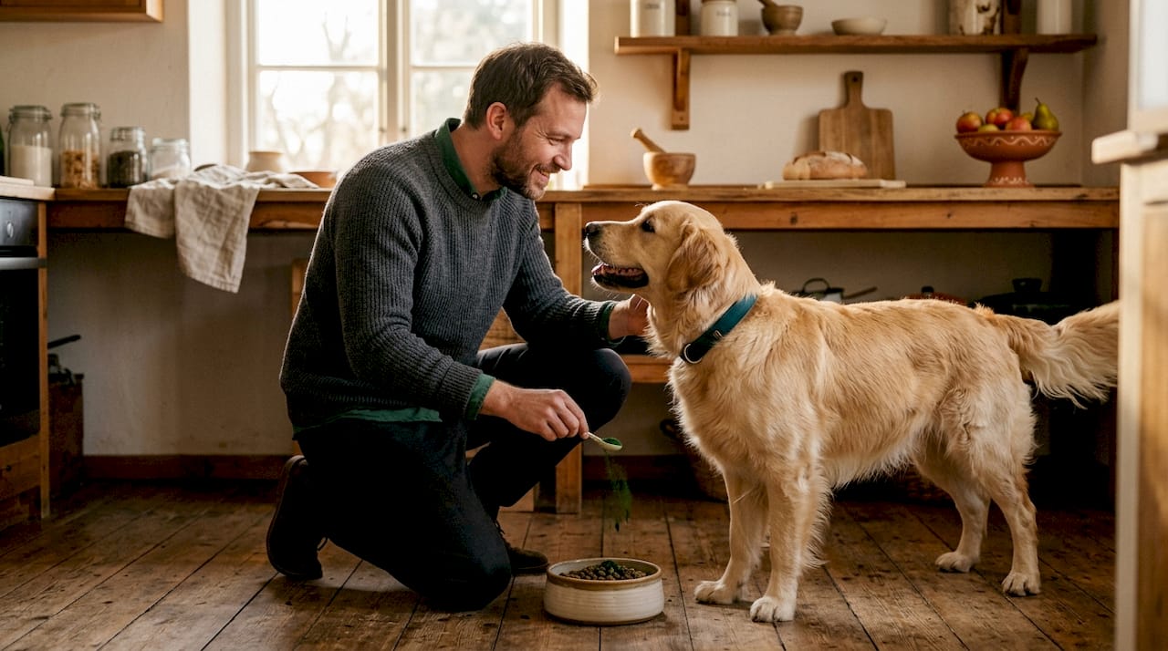 Hundehalter misst die richtige Menge Spirulinapulver für die Fütterung seines Vierbeiners ab.