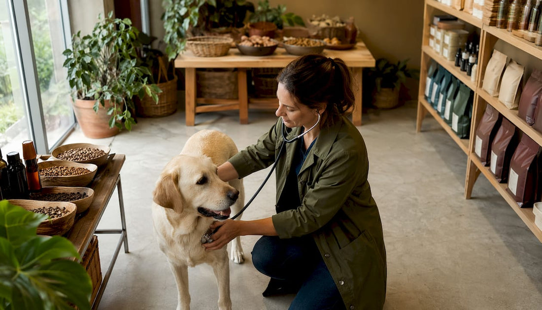 Eine Tierärztin führt eine Untersuchung bei einem Labrador im Behandlungszimmer durch.