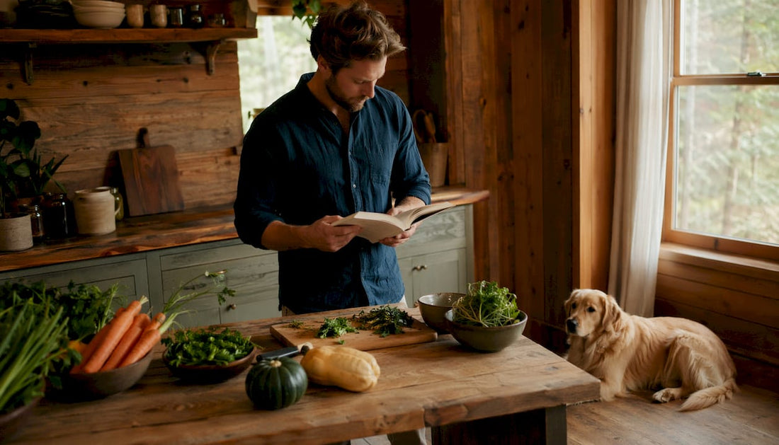 Ein Hundebesitzer bereitet eine vegane Mahlzeit für seinen Vierbeiner zu.